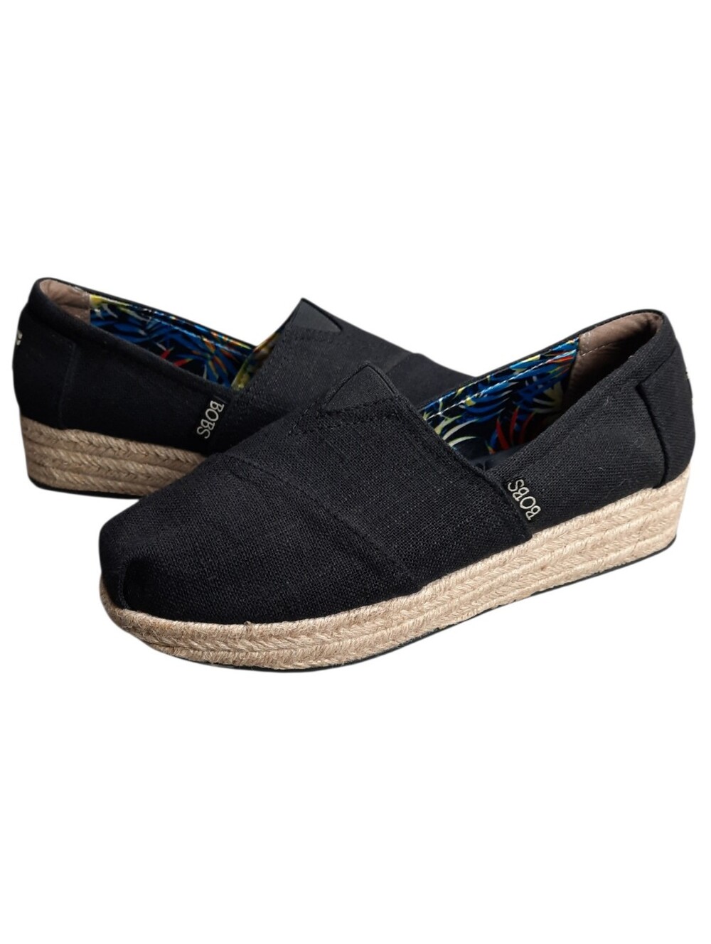 Bobs From Skechers High Jinx Black Canvas Espadrille Wedge SZ 7
